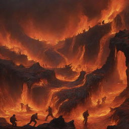 The fiery landscape of Hell is now teeming with figures, as numerous individuals are suddenly present, falling into the flames and rivers of lava.