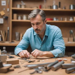 A focused man immersed in a creative project, surrounded by tools and materials, engrossed in his work that results in a masterpiece