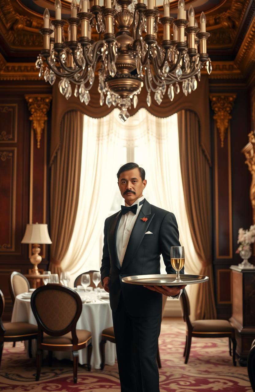 A butler in a traditional tuxedo standing at attention in a lavishly decorated dining room, with an elaborate chandelier overhead and a table set for a formal dinner