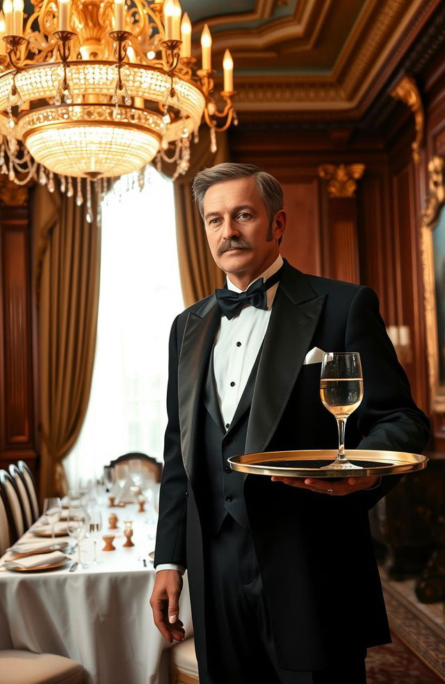 A butler in a traditional tuxedo standing at attention in a lavishly decorated dining room, with an elaborate chandelier overhead and a table set for a formal dinner