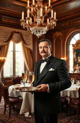 A butler in a traditional tuxedo standing at attention in a lavishly decorated dining room, with an elaborate chandelier overhead and a table set for a formal dinner