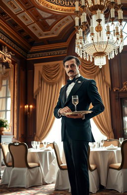 A butler in a traditional tuxedo standing at attention in a lavishly decorated dining room, with an elaborate chandelier overhead and a table set for a formal dinner