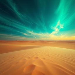 A surreal desert landscape featuring a vast, flat expanse of sand in varying shades of brown and beige