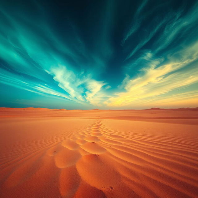 A surreal desert landscape featuring a vast, flat expanse of sand in varying shades of brown and beige