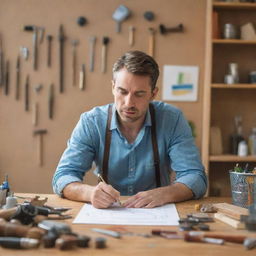 A focused man immersed in a creative project, surrounded by tools and materials, engrossed in his work that results in a masterpiece