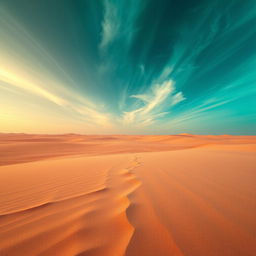 A surreal desert landscape featuring a vast, flat expanse of sand in varying shades of brown and beige