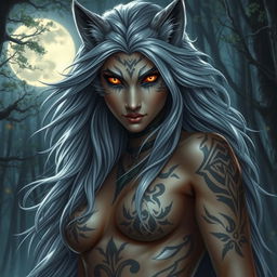 The queen of werewolves, a stunning she-wolf with flowing silver hair and piercing amber eyes