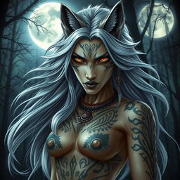 The queen of werewolves, a stunning she-wolf with flowing silver hair and piercing amber eyes