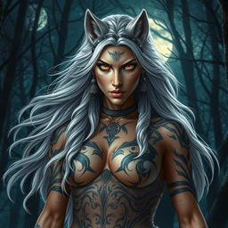 The queen of werewolves, a stunning she-wolf with flowing silver hair and piercing amber eyes