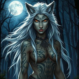 The queen of werewolves, a stunning she-wolf with flowing silver hair and piercing amber eyes