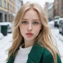 Generate an image of a beautiful city girl with a slender body, golden hair, and green eyes. Her skin as white as snow, slender lips express an introverted, lonely vibe.