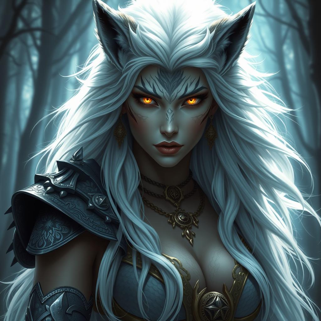 A stunning werewolf queen, embodying the essence of a powerful and majestic figure