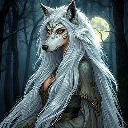 A scene depicting the Queen of the Werewolves, a majestic and ethereal she-wolf with long, flowing white hair cascading down her back