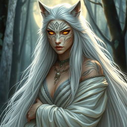 A scene depicting the Queen of the Werewolves, a majestic and ethereal she-wolf with long, flowing white hair cascading down her back