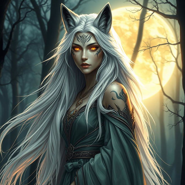 A scene depicting the Queen of the Werewolves, a majestic and ethereal she-wolf with long, flowing white hair cascading down her back