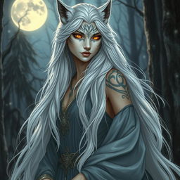 A scene depicting the Queen of the Werewolves, a majestic and ethereal she-wolf with long, flowing white hair cascading down her back