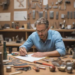 A focused man immersed in a creative project, surrounded by tools and materials, engrossed in his work that results in a masterpiece