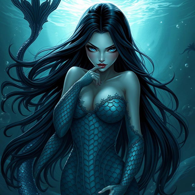 A dark siren characterized by her sinister yet striking beauty, featuring long, flowing black hair and a shimmering tail