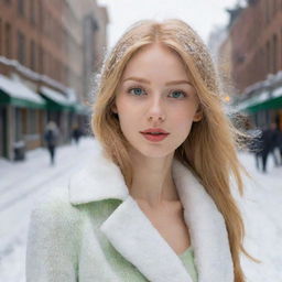 Generate an image of a beautiful city girl with a slender body, golden hair, and green eyes. Her skin as white as snow, slender lips express an introverted, lonely vibe.