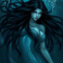 A dark siren characterized by her sinister yet striking beauty, featuring long, flowing black hair and a shimmering tail