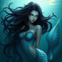 A dark siren characterized by her sinister yet striking beauty, featuring long, flowing black hair and a shimmering tail