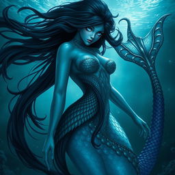 A dark siren characterized by her sinister yet striking beauty, featuring long, flowing black hair and a shimmering tail