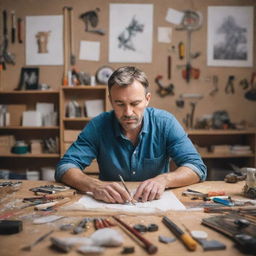 A focused man immersed in a creative project, surrounded by tools and materials, engrossed in his work that results in a masterpiece