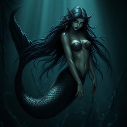 A dark and sinister mermaid, beautifully evil, with a long black tail and long flowing black hair