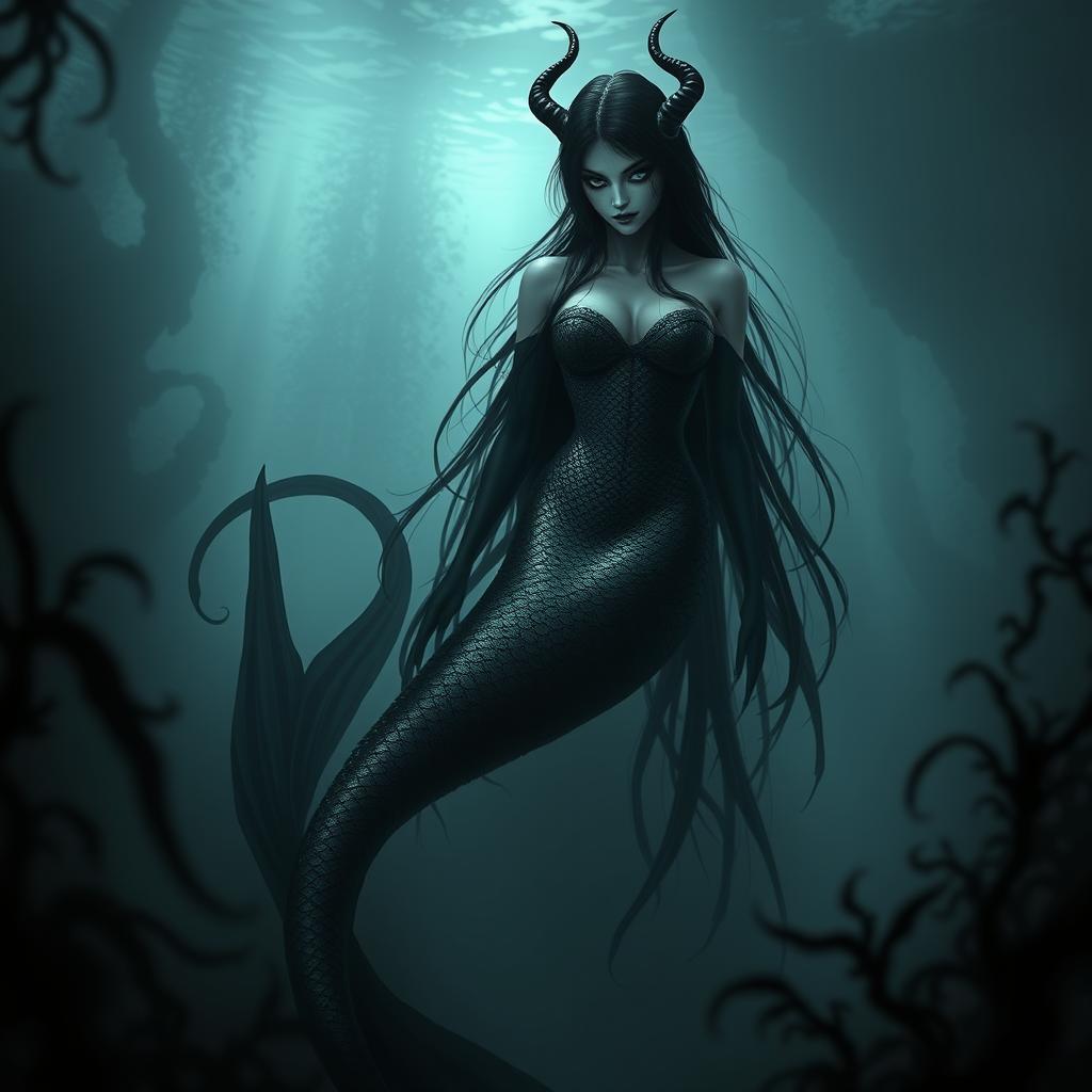 A dark and sinister mermaid, beautifully evil, with a long black tail and long flowing black hair