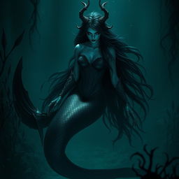 A dark and sinister mermaid, beautifully evil, with a long black tail and long flowing black hair