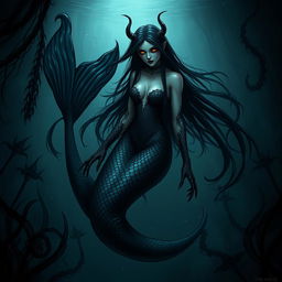 A dark and sinister mermaid, beautifully evil, with a long black tail and long flowing black hair