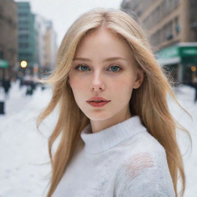 Generate an image of a beautiful city girl with a slender body, golden hair, and green eyes. Her skin as white as snow, slender lips express an introverted, lonely vibe.