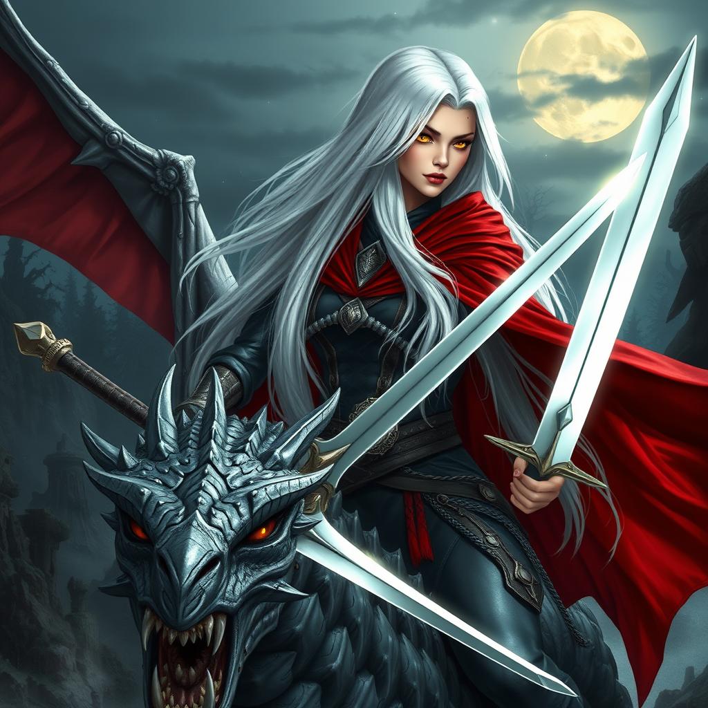 A stunning warrior witch with long, straight white hair flowing elegantly