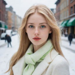 Generate an image of a beautiful city girl with a slender body, golden hair, and green eyes. Her skin as white as snow, slender lips express an introverted, lonely vibe.