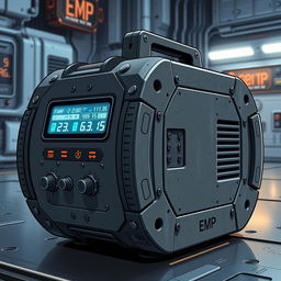 A highly detailed illustration of a compact EMP pulse generator, featuring a sturdy cylinder shape