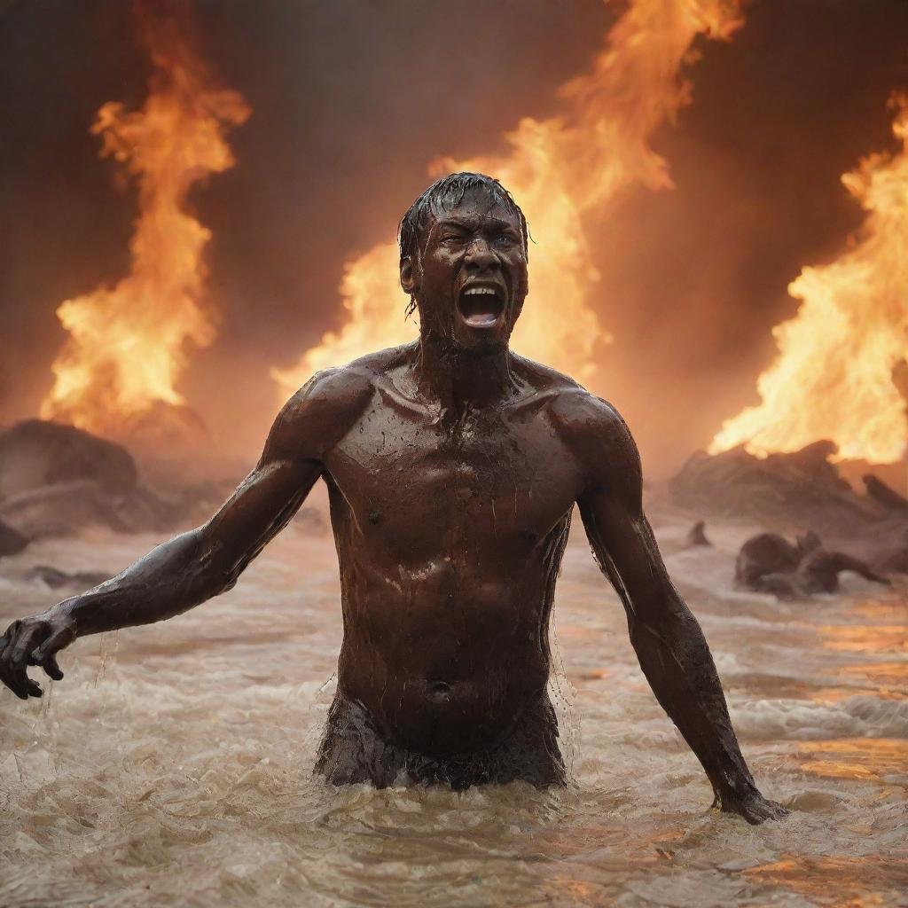 In the chaotic scene of Hell, focus on a single figure, tormented and crying, as they are showered with boiling water amid the fiery surroundings.