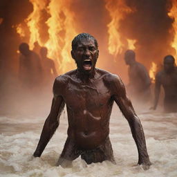 In the chaotic scene of Hell, focus on a single figure, tormented and crying, as they are showered with boiling water amid the fiery surroundings.