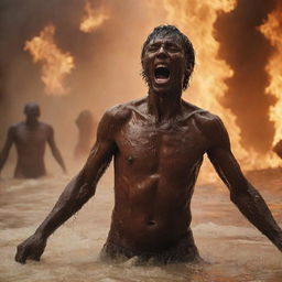 In the chaotic scene of Hell, focus on a single figure, tormented and crying, as they are showered with boiling water amid the fiery surroundings.