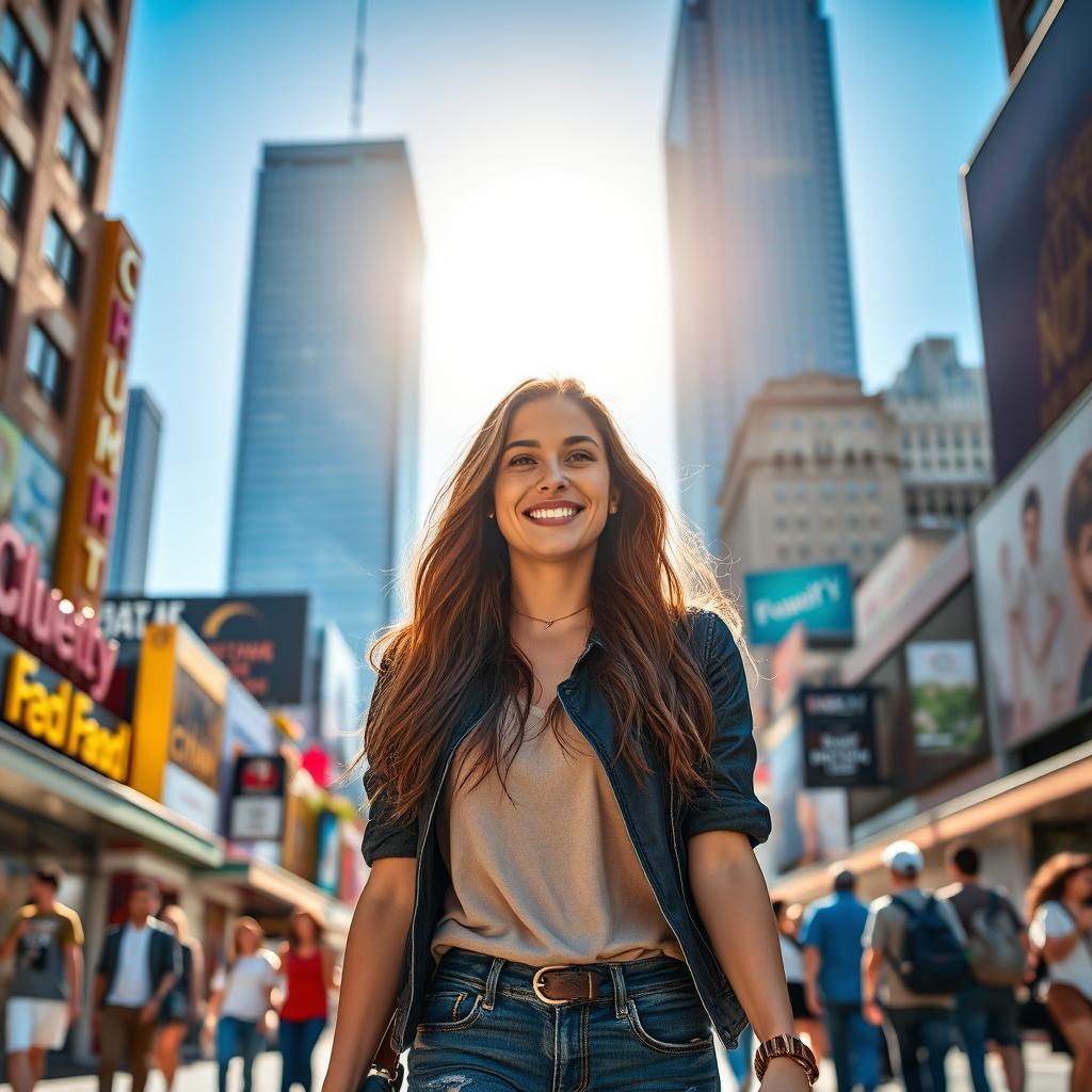 A 36-year-old American woman confidently walking through a vibrant cityscape, dressed in trendy urban attire