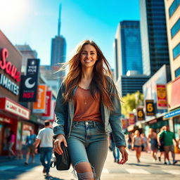 A 36-year-old American woman confidently walking through a vibrant cityscape, dressed in trendy urban attire