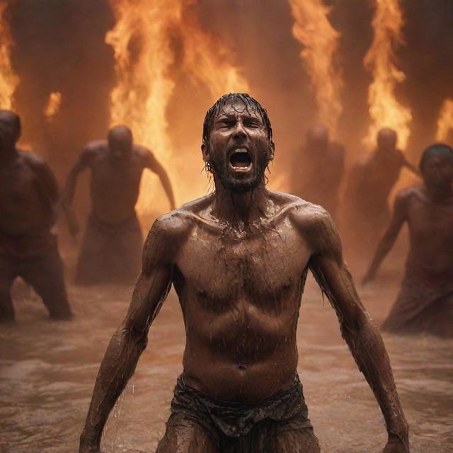 In the chaotic scene of Hell, focus on a single figure, tormented and crying, as they are showered with boiling water amid the fiery surroundings.