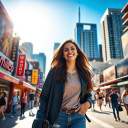 A 36-year-old American woman confidently walking through a vibrant cityscape, dressed in trendy urban attire