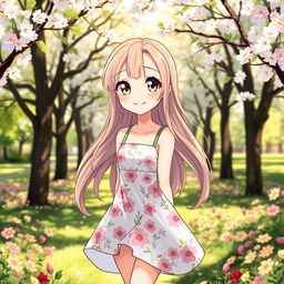 A cute female character with an 18-year-old appearance, featuring long, flowing hair, bright, expressive eyes, and a joyful smile