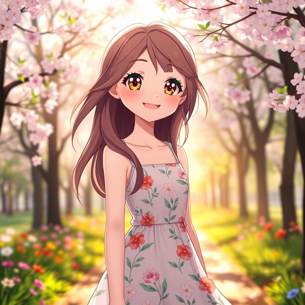 A cute female character with an 18-year-old appearance, featuring long, flowing hair, bright, expressive eyes, and a joyful smile