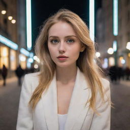 A beautiful lady with a slender body, captivating green eyes, and golden hair. Her complexion is as white as snow, her lips slender and pure. She is alone, emanating introverted vibes, set against the backdrop of a bustling city mall at night-time.