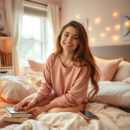 A cute 18-year-old female in a beautifully decorated bedroom, with soft pastel colors and cozy decor