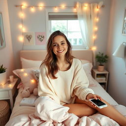 A cute 18-year-old female in a beautifully decorated bedroom, with soft pastel colors and cozy decor