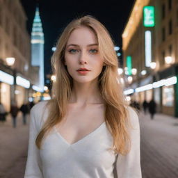 A beautiful lady with a slender body, captivating green eyes, and golden hair. Her complexion is as white as snow, her lips slender and pure. She is alone, emanating introverted vibes, set against the backdrop of a bustling city mall at night-time.