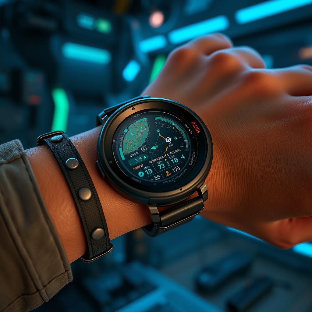 A small, circular tactical HUD display mounted on a wrist