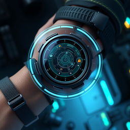 A small, circular tactical HUD display mounted on a wrist